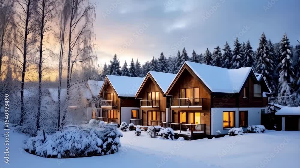 Row of identical alpine chalets with warmly lit interiors, snow-covered roofs, amidst a snowy landscape and pine tree forest on a winter evening. Row of identical alpine chalets with warmly lit interiors, snow-covered roofs, amidst a snowy landscape and pine tree forest on a winter evening.