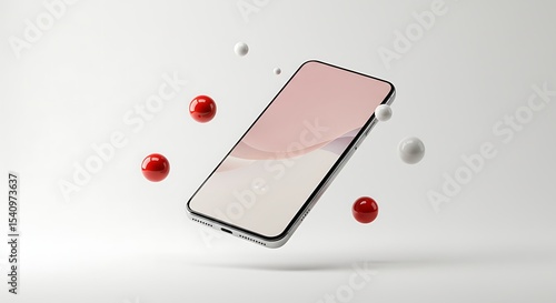 Modern Smartphone with Floating Balls Isolated on White Background Stylish Technology Device for Communication and Entertainment Minimalist Design