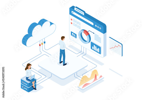Isometric illustration of people analyzing cloud-connected data on digital dashboards, representing cloud computing, data visualization, and network management.