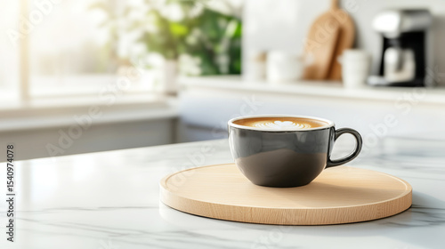 Wallpaper Mural Morning latte art in cozy sunlit kitchen on wooden tray Torontodigital.ca