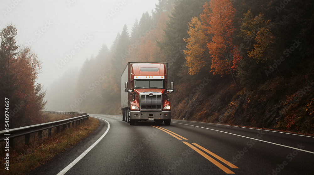 Truck on the road with autumn forest and fog in the background. Autumn road trip. Freight transportation. Generative AI Truck on the road with autumn forest and fog in the background. Autumn road trip. Freight transportation. Generative AI