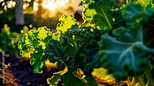 Bright golden sunlight shining through fresh green kale growing in a garden with fertile soil, close-up view