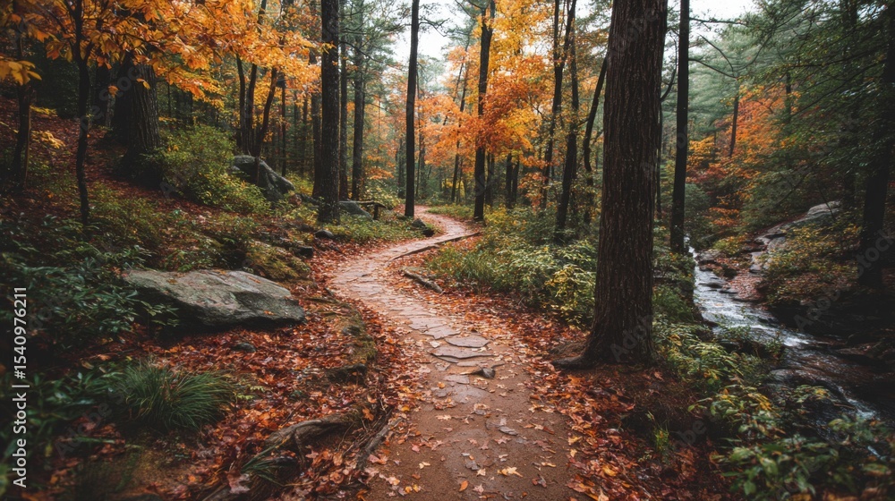 Obraz premium Autumn Forest Path with Colorful Leaves and Stream