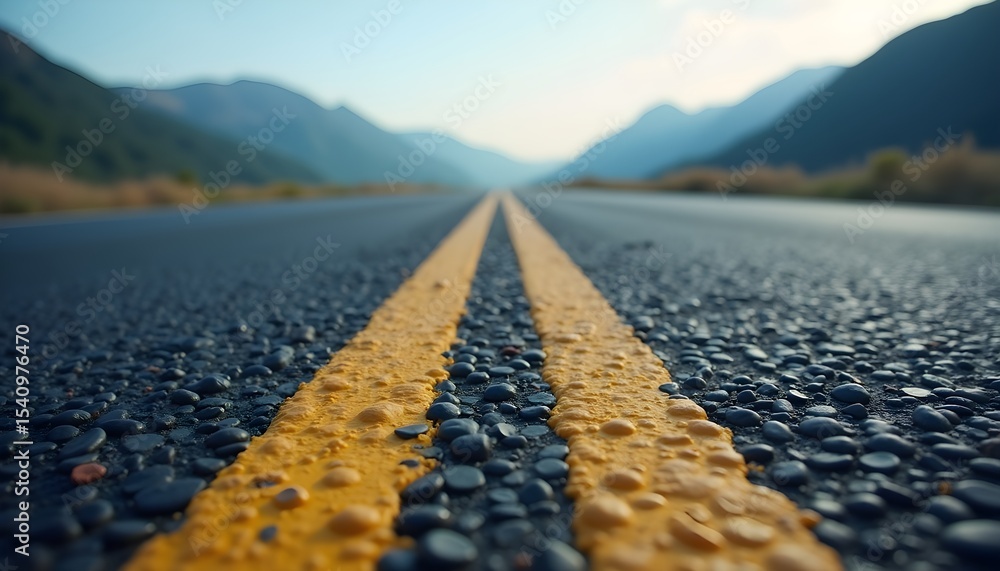 Fototapeta premium A close-up of a road with a yellow line and pebbles on it, set against a backdrop of mountains