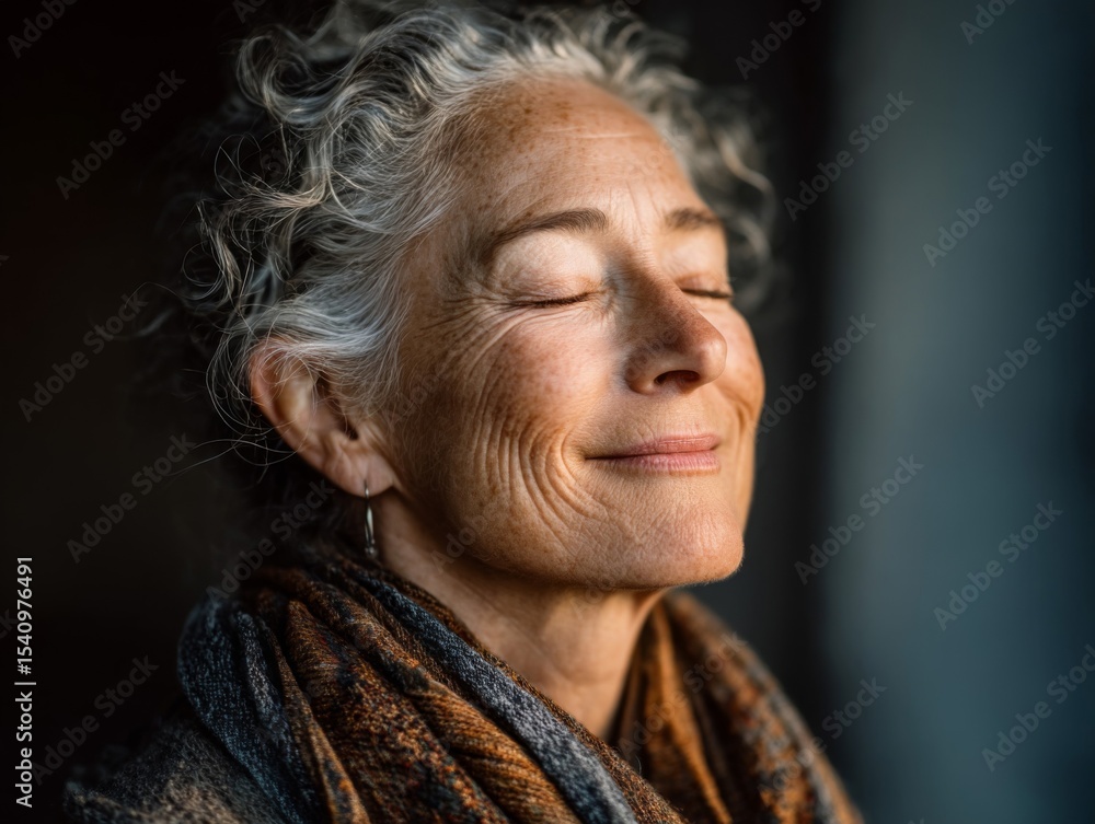Obraz premium Serene Senior Woman Portrait: Warm Light, Gray Hair