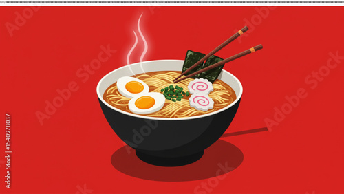 Delicious Steaming Bowl of Ramen Noodles Japanese Cuisine Illustration