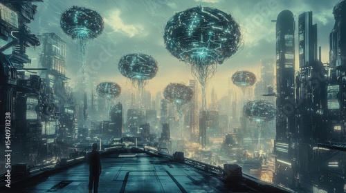 Wallpaper Mural A neural network pulsing through a futuristic city as its nervous system Torontodigital.ca