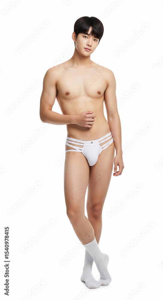 Asian male model showcases white cut-out briefs on a white background, blending contemporary men’s fashion, style, and confidence in this modern underwear photoshoot. Asian male model showcases white cut-out briefs on a white background, blending contemporary men’s fashion, style, and confidence in this modern underwear photoshoot.