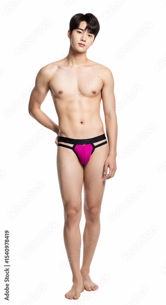 Fototapeta premium Asian male model showcases bold magenta and black cut-out briefs on a white background, blending contemporary men’s fashion, style, and confidence in this modern underwear photoshoot.