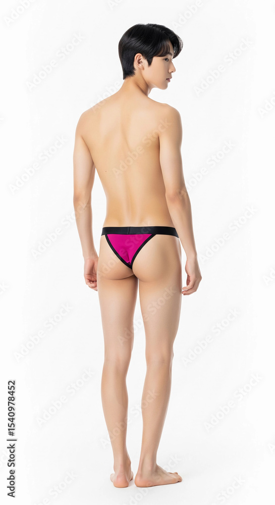 Fototapeta premium Asian male model showcases bold magenta and black cut-out briefs on a white background, blending contemporary men’s fashion, style, and confidence in this modern underwear photoshoot.