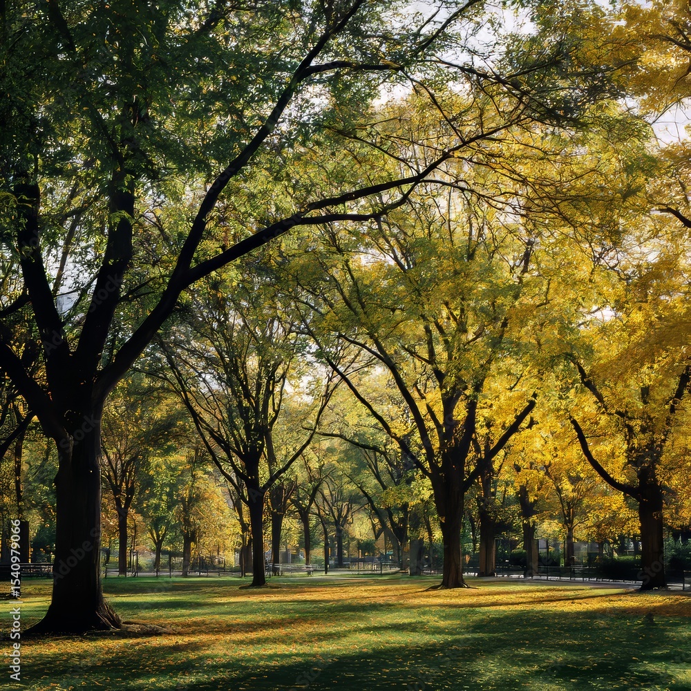 Naklejka premium a park in the fall with trees shedding their leaves but still a vibrant mix of green and yellow hues remaining