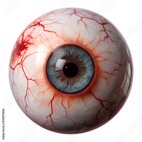 Creepy eyeball with bloodshot veins, Halloween prop style, isolated with transparent background