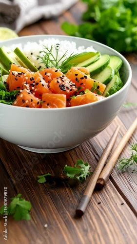 Close-up of a colorful poke bowl with salmon, avocado, cucumber, and rice, topped with black sesame seeds and fresh dill, placed on a rustic wooden table with chopsticks.