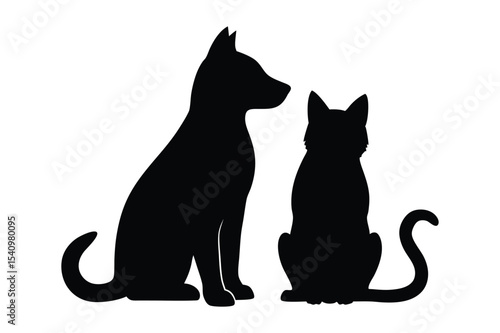 Silhouette of a cat and dog sitting calmly side by side vector illustration.
