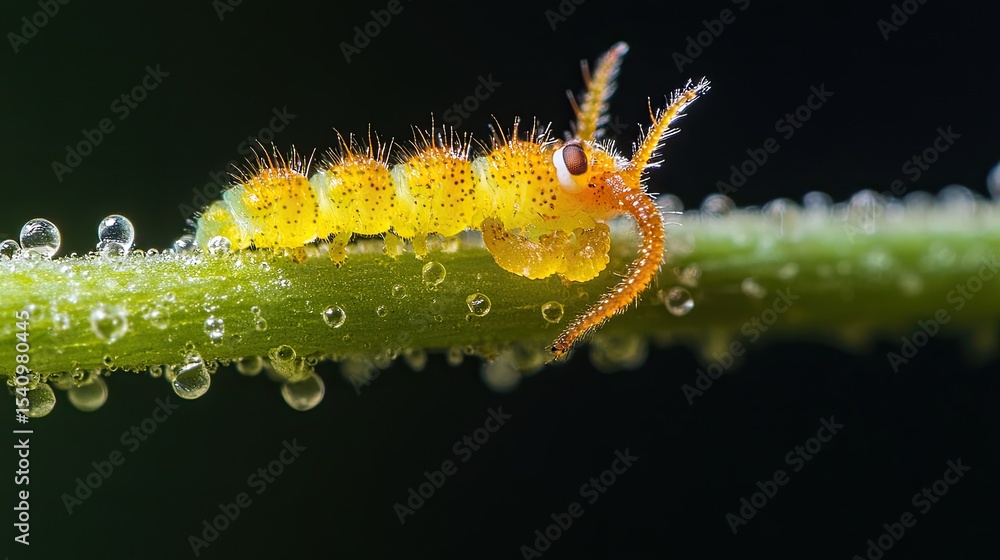 Naklejka premium Yellow caterpillar on dewcovered stem.