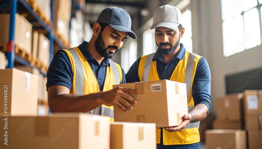 Warehouse workers inspect a box Warehouse workers inspect a box