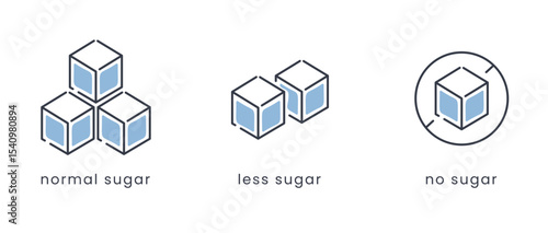 Sugar Level Icons: Normal, Less, and No Sugar. Sugar Intake Indicator Icons for Food Packaging. Minimalist Flat Icons for Sugar Content Labels.