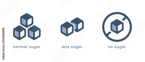 Sugar Level Icons: Normal, Less, and No Sugar. Sugar Intake Indicator Icons for Food Packaging. Minimalist Flat Icons for Sugar Content Labels.