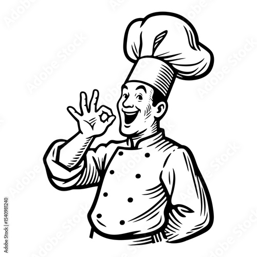 Chef delicious gesture sketch engraving black and white outline. Scratch board imitation.
