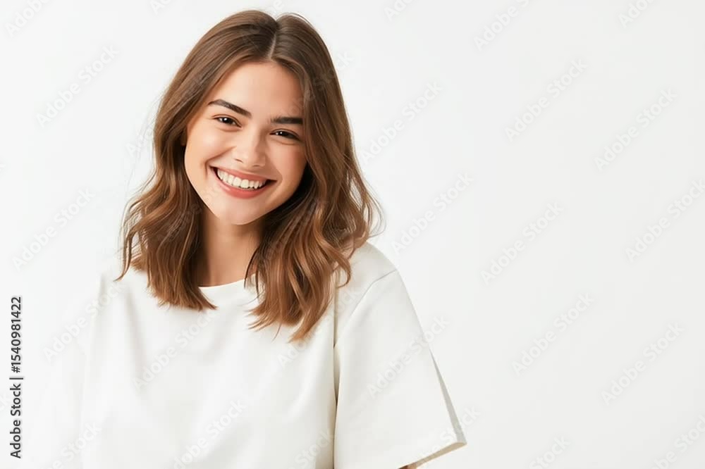 woman smiles with a charming and shows something to you with healthy skin, teeth and hair isolated on white background, The lady in a summer t-shirt Short jeans. Copy space woman smiles with a charming and shows something to you with healthy skin, teeth and hair isolated on white background, The lady in a summer t-shirt Short jeans. Copy space