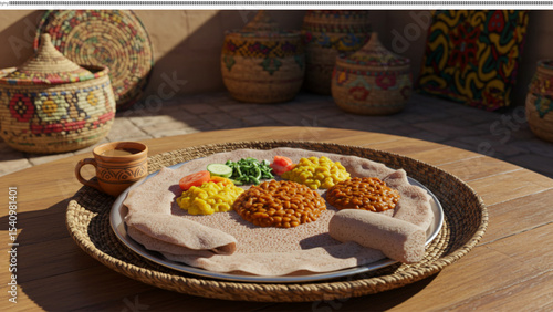 Ethiopian Cuisine Injera Bread with Assorted Wat