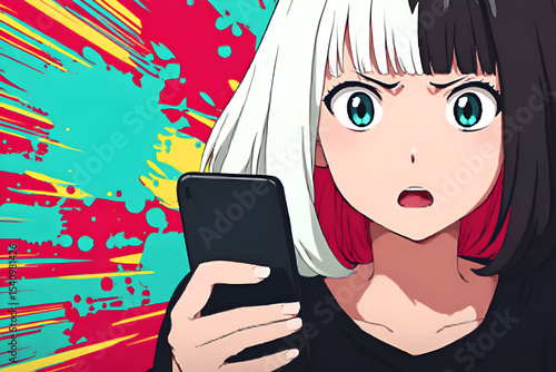 驚いた表情でスマートフォンを見るアニメ風の女の子のイラスト