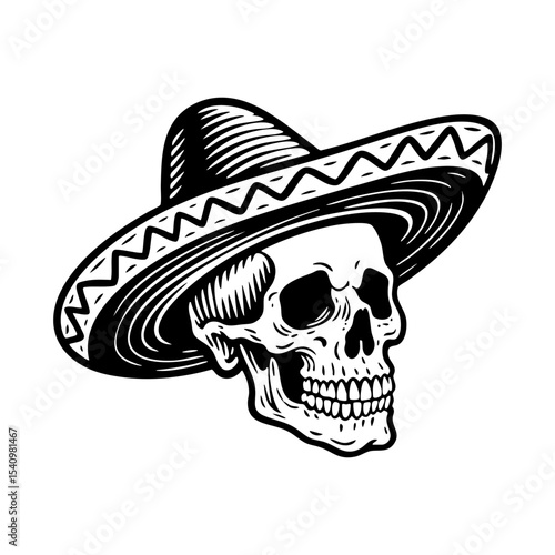 skull wear sombrero hat engraving black and white outline. Scratch board imitation.