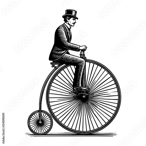 Gentleman riding penny farthing bicycle sketch engraving black and white outline. Scratch board imitation.  illustrated in vintage line art style on a white background.