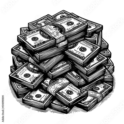 pile of paper money sketch engraving black and white outline. Scratch board imitation.  illustrated in vintage line art style on a white background.
