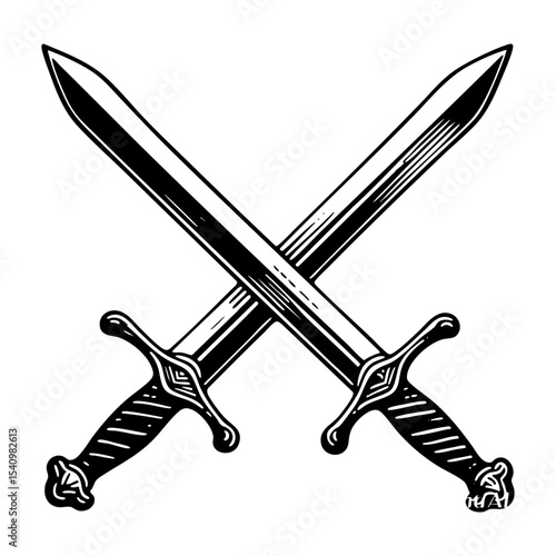 two swords crossed sketch engraving black and white outline. Scratch board imitation.