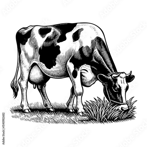 Dairy cow sketch engraving black and white outline. Scratch board imitation.  illustrated in vintage line art style on a white background.