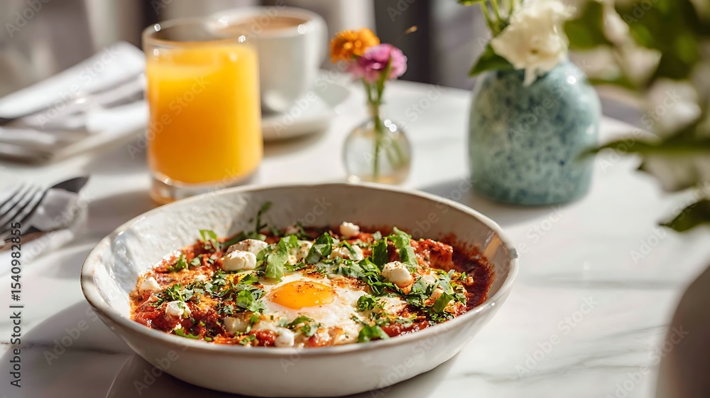 An individual portion of shakshuka served in an elegant white ceramic bowl on a light marble tabletop. An individual portion of shakshuka served in an elegant white ceramic bowl on a light marble tabletop.
