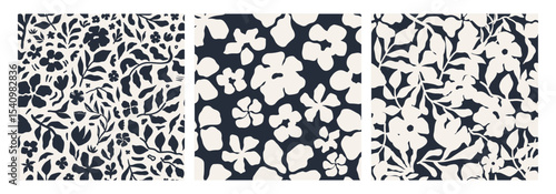 Abstract floral seamless pattern set featuring bold floral and botanical silhouettes in black and cream. Hand-drawn modern design is perfect for textiles, packaging, wallpaper, and digital projects.