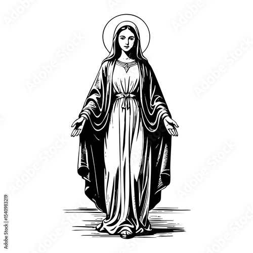 Virgin mary engraving black and white outline. Scratch board imitation. illustrated in vintage line art style on a white background.