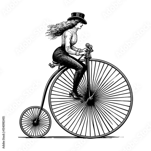 Woman riding penny farthing bicycle sketch engraving black and white outline. Scratch board imitation.  illustrated in vintage line art style on a white background.