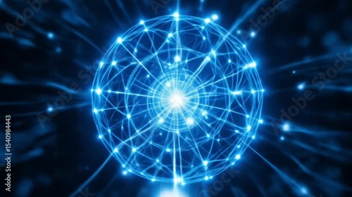 Dynamic light trails forming a complex 3D spherical network, with vibrant blue and white energy flowing through the connections.