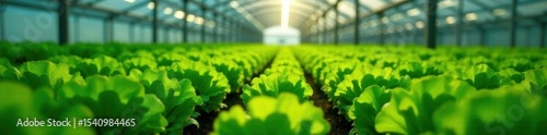 Rows of lush lettuce thrive under greenhouse lights , agriculture, growing, harvest