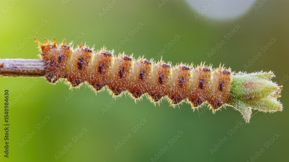 Naklejka premium Fuzzy caterpillar on twig with green background.