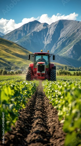 Red tractor working in a cultivated field, creating furrows in the soil, with a mountain range in the background under a blue sky with some clouds, representing agricultural work