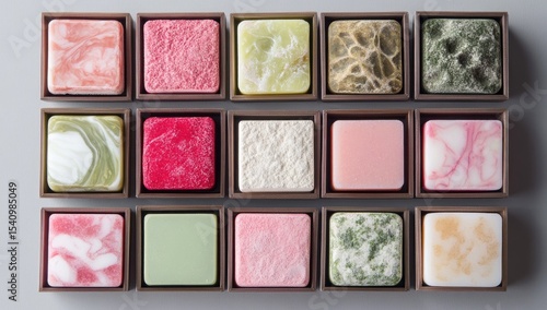 Small, square soaps in brown boxes, various colors and patterns