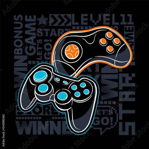 Illustration print for t-shirt with game joysticks. Vector illustration for boys. Grunge gamer design.