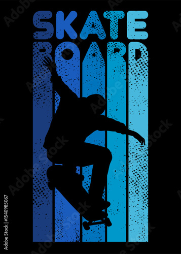 Urban style modern t-shirt  design with boy on skateboard. Sport extreme grunge  illustration for guys on black background.
