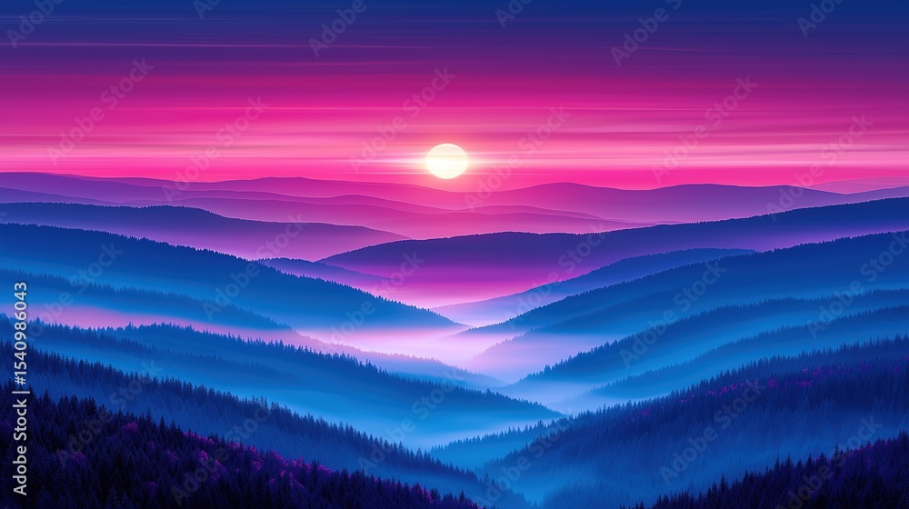 Obraz premium Surreal and Vibrant Sunset Over Layered Mountains, Pink and Purple Hues Painting the Sky and Valleys 