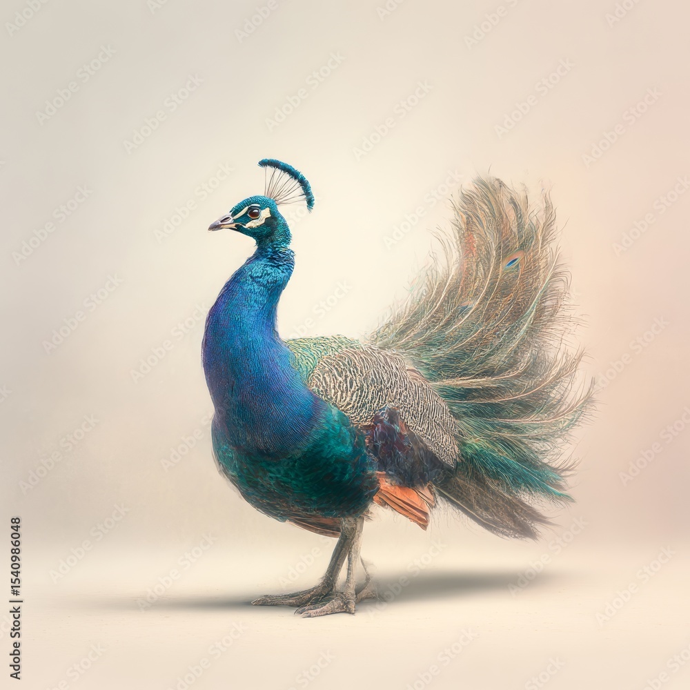 Obraz premium a peacock lifting feathers slightly in subtle gesture isolated on soft gradient background