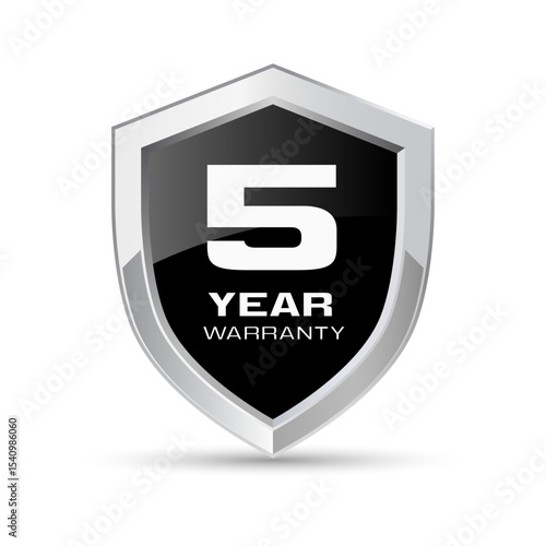 5 year warranty silver metal shield in black color vector illustration. Five year warranty protection icon. Metallic security badge. Black glossy metal emblem.