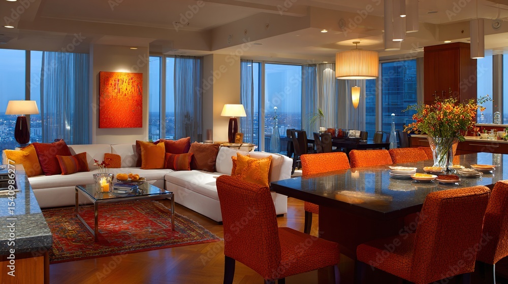 Modern living area with city view, warm tones, including orange chairs and pillows Modern living area with city view, warm tones, including orange chairs and pillows