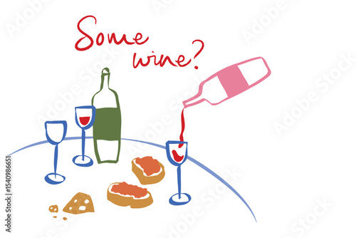 Whimsical doodles of romantic dinner. Vintage icons with la dolce vita aesthetic in crayon and sketch style. Trendy art for menus and wedding invitations. Outline quirky vector illustration