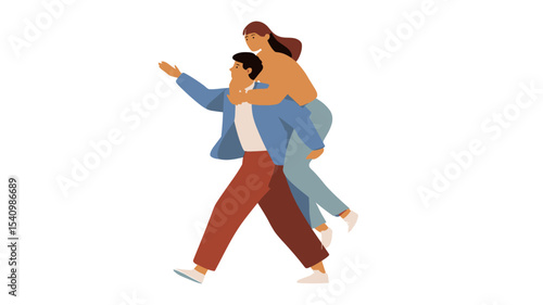 A digital illustration depicting a man and woman. The woman is sitting on the man's back in a piggyback ride. They are both walking, and the man is looking in one direction with his arm