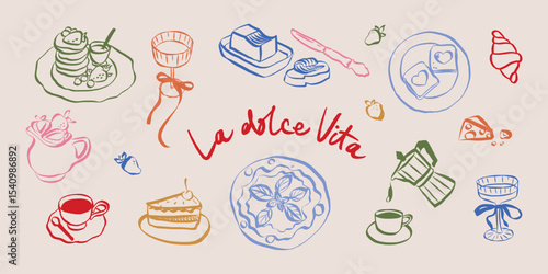 La dolce vita doodles. Whimsical icons of Italian food in simple crayon and sketch style. Trendy art for menus and dinner brunch invitations. Outline vector illustration