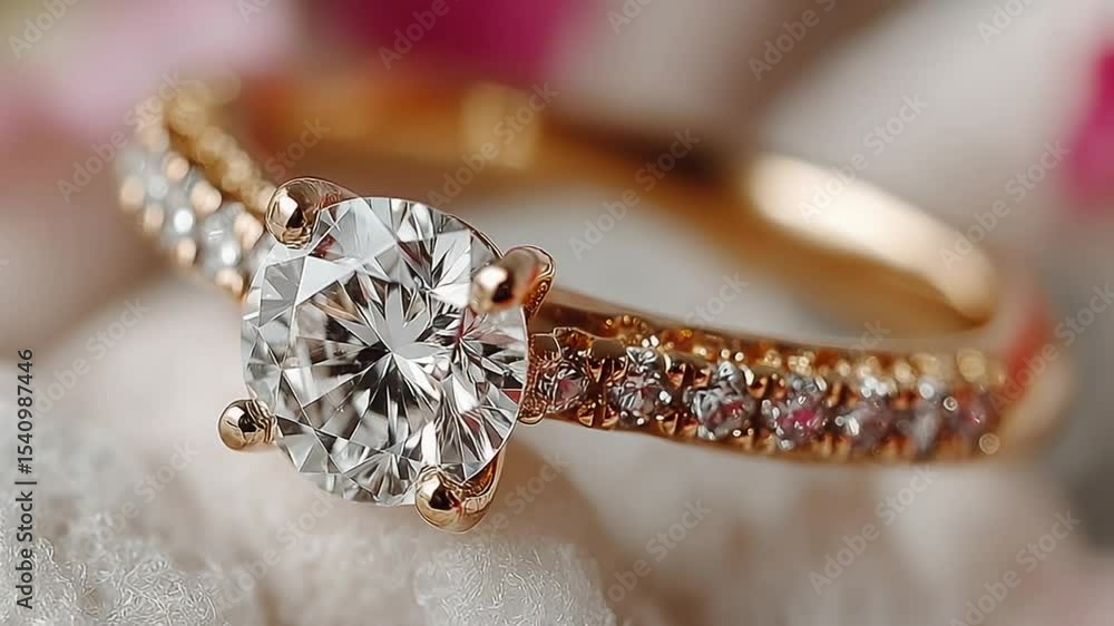 Close-Up View of an Elegant Gold Ring with a Diamond Sparkle and small pink diamonds Close-Up View of an Elegant Gold Ring with a Diamond Sparkle and small pink diamonds